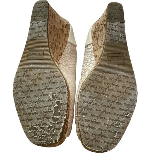 Toms Peep Toe Cork Espadrille Wedge Tan Diamond Aztec Pattern Fabric Women's W10 - Picture 11 of 12